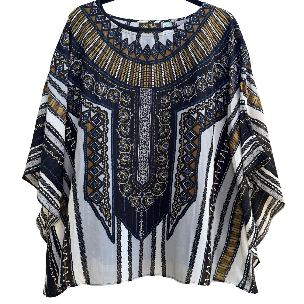 Bob Mackie Wearable Art Flowy Resortwear Poncho Kimono Top Set Tribal Print L